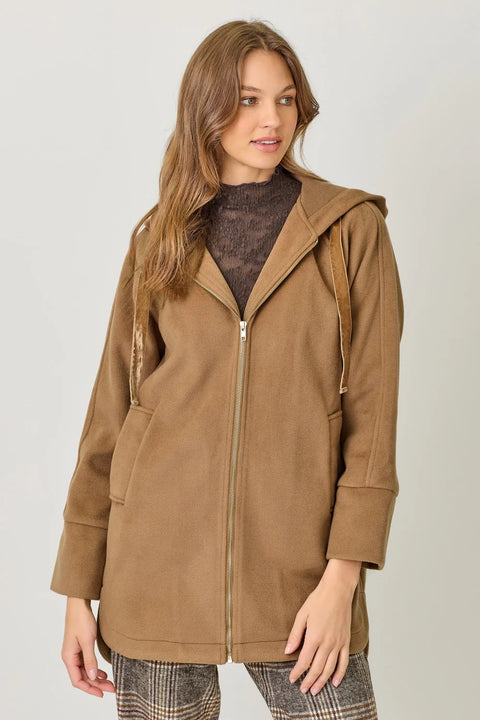 Hoodie Zip-Up Coat - Camel