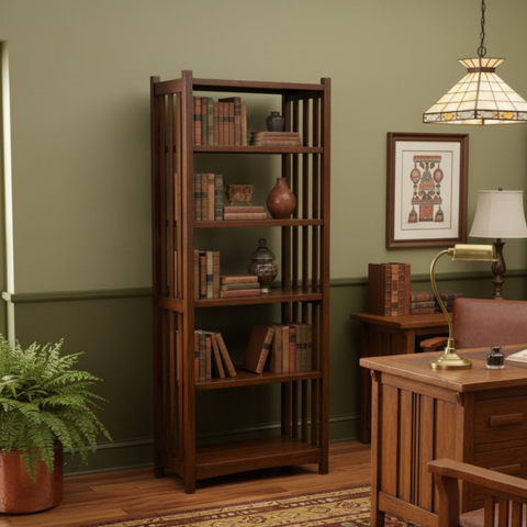 Pre-Order. Mission Spindle Side 5 Shelf Bookcase - Walnut (W1)