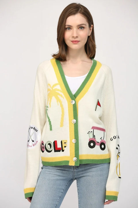 Golf Embroidered Patch Cardigan - CREAM MULTI