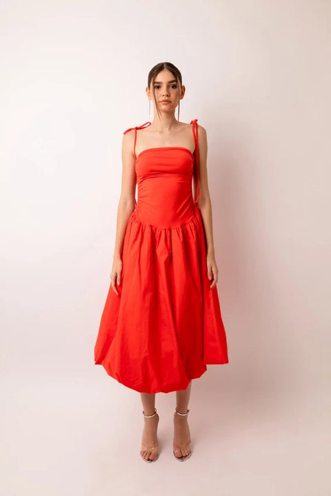Alexa Stretch Strapless Puffball Midi Dress Orange