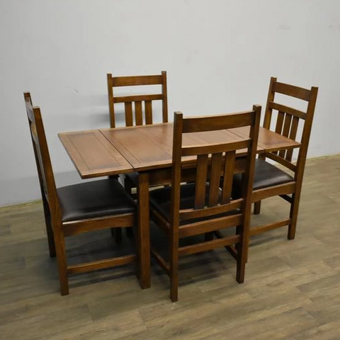 Mission Oak Kitchen Table with 2 Leaves and 4 Oak Dining Chairs