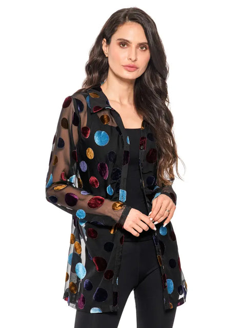 Longline Sheer Velvet Polka Dot Shirt