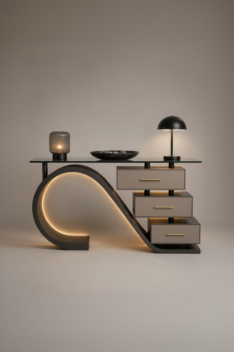 Forma LED Console Table with Sculptural Loop Base & Floating Drawers