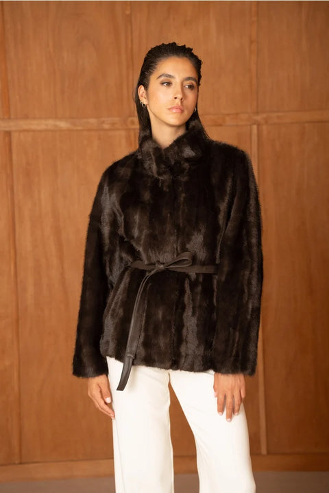 Belted Faux-Fur Jacket with A Stand-Up Collar