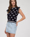 Bow Pattern Ruffle Sleeve Sweater Knit Top NAVY