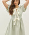 Bow Tie Front Mini Dress with Bubble Sleeves and Textured Fabric in Sage