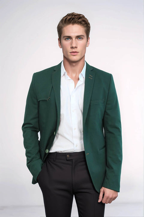 Double Buttons Shoulder Piece Mono Lapel Green Jacket-Wessi