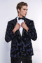 Shiny Leaf Patterned Navy Blue Men Tuxedo Party Blazer - Wessi