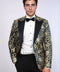 Gold Rose Patterned Slim Fit Navy Blue Men Party Blazer - Wessi