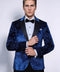Floral Patterned Velvet Navy Blue Men Tuxedo Blazer - Wessi