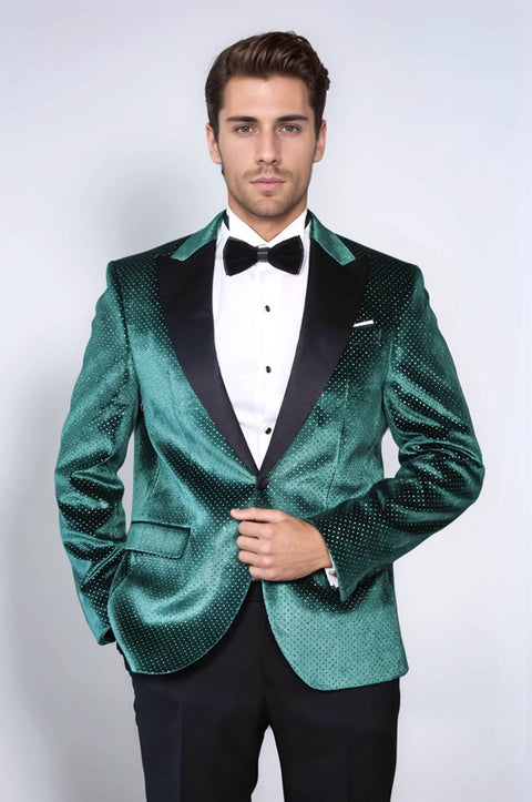Sparkling Dotted Peak Lapel Men's Green Tuxedo Jacket - Wessi