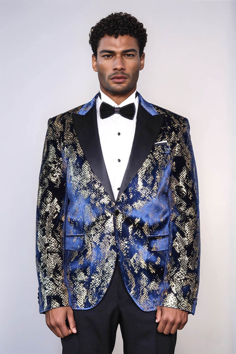 Peak Lapel Slim Fit Gold Patterned Navy Blue Men Party Blazer