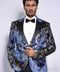 Peak Lapel Slim Fit Gold Patterned Navy Blue Men Party Blazer