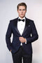 Satin Peak Lapel Textured Men's Navy Blue Tuxedo Jacket - Wessi
