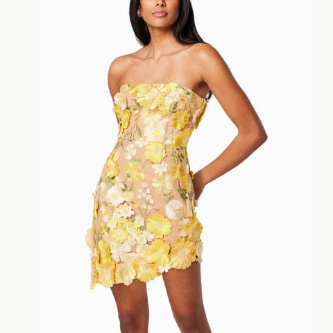 Chic 3D Floral Applique Tube Mini Dress Short Summer Style