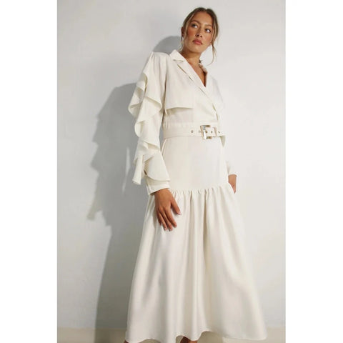 Collared Long Ruffle Sleeve Dress