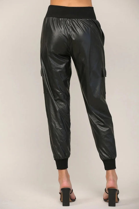 Contrast Rib Band Trim Faux Leather Jogger BLACK