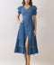 Denim Button Down Front Slit Tiered Midi Dress