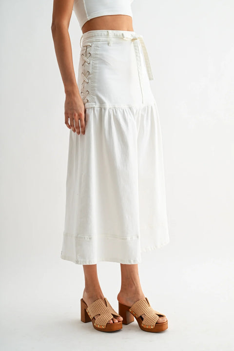 Denim Midi Skirt with Lace-Up Detail