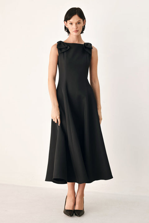 TIED TO TONIGHT BOW SHOULDER MIDI DRESS