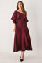 WINE CASCADE BURGUNDY ONE-SHOULDER RUFFLE MIDI DRESS