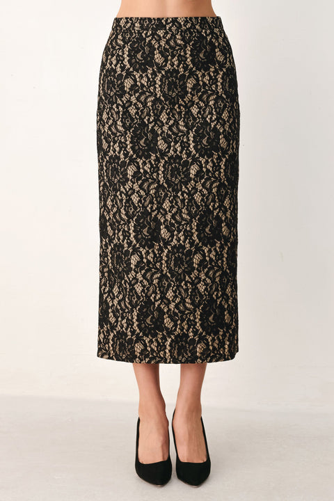 LACE THEORY BLACK LACE PENCIL MIDI SKIRT