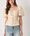 GOLDEN PORTRAIT GOLD TEXTURED PUFF-SLEEVE PEPLUM TOP