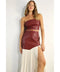 Faux Leather Top And Pleated Slit Skirt Set WINE