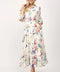 Floral Motif Midi Dress with Gathered Waist Cotton Fabric