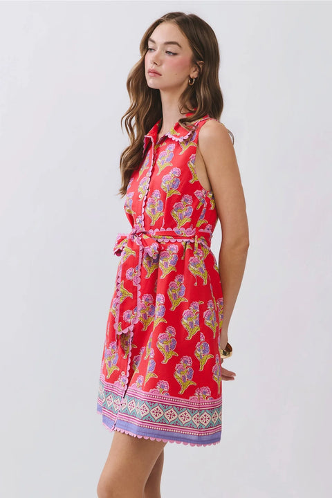 Floral Print Mini Shirt Dress with Belted Waist