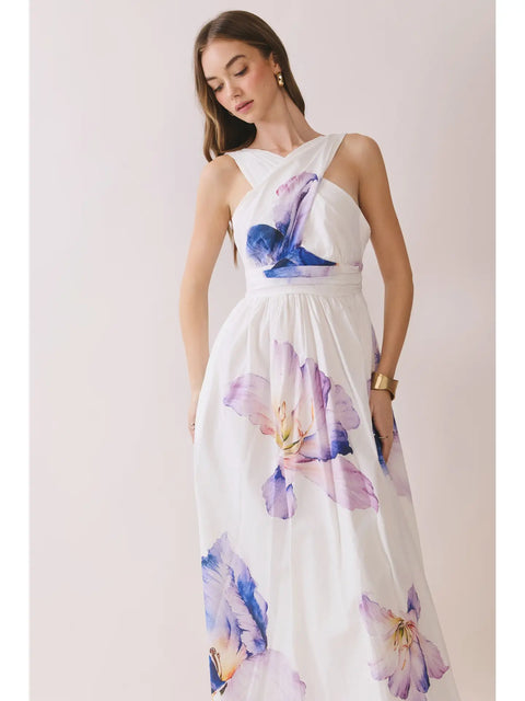 Cross Halter Neck Floral Print Midi Dress for Women