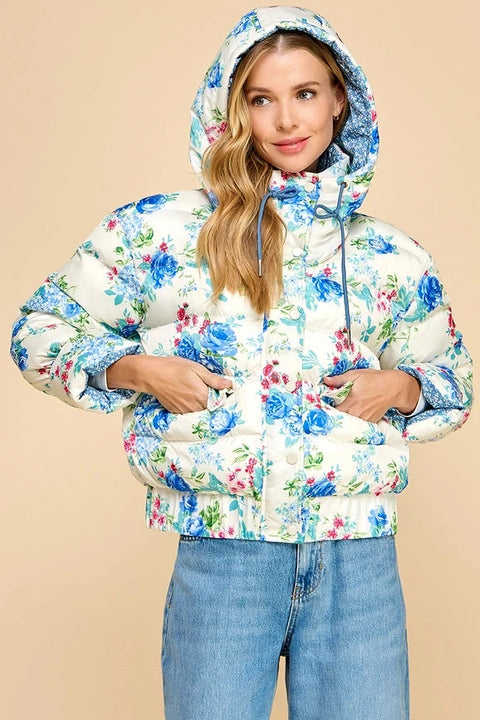 Floral Snap Button Enclosure Hooded Puffer Jacket