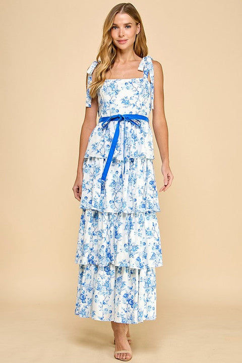 Floral Print Tiered Adjustable Straps Midi Dress