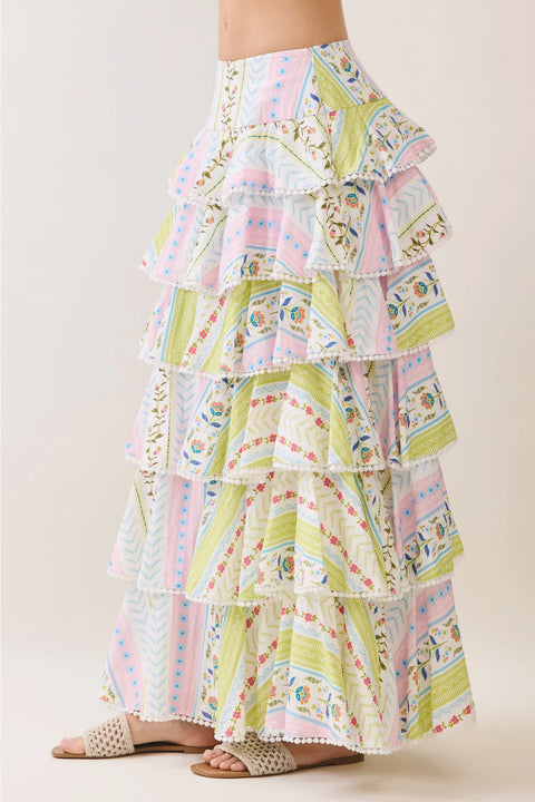 Floral Print Tiered Ruffle Maxi Skirt