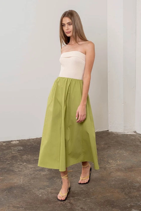 Fold Over Strapless Mix Media Midi Dress