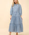 Garment Washed Chevron Yoke Midi Denim Dress Light Wash