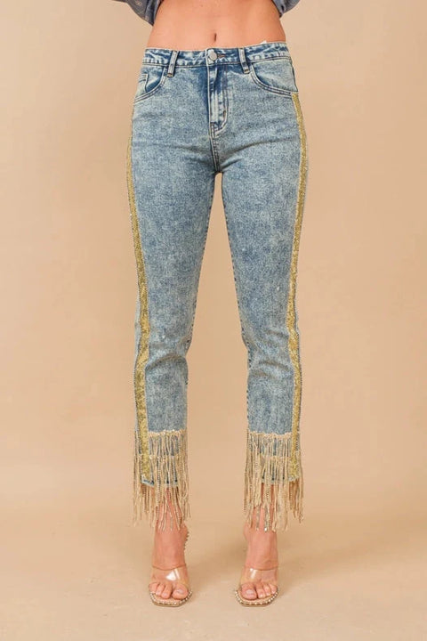 Garment Washed Side Sequin Tape Fringe Denim Jeans Med Wash