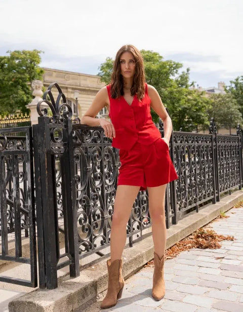 High Waist Velvet Shorts - Red