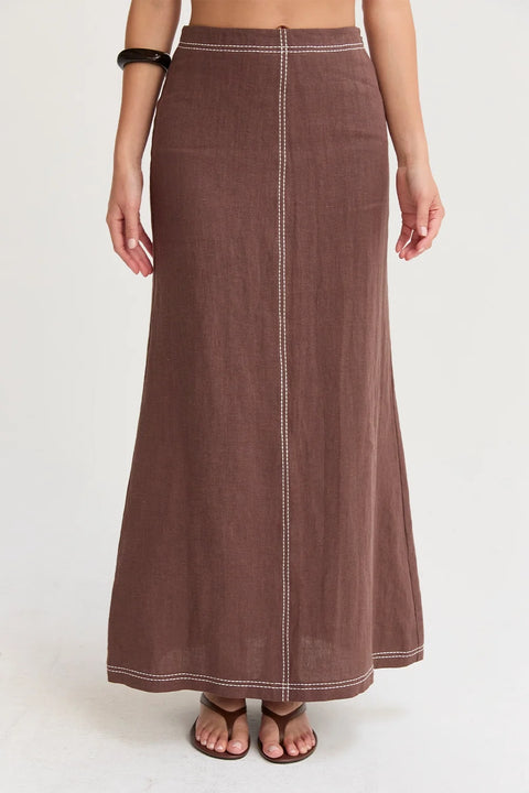 Kenzy Contrast Stitch Linen Maxi Skirt Brown