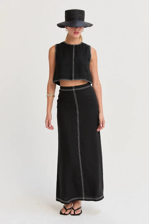 Kenzy Contrast Stitch Linen Maxi Skirt Black