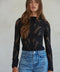Knit Seamless Jacquard Mock Neck Long Sleeve Top - Black