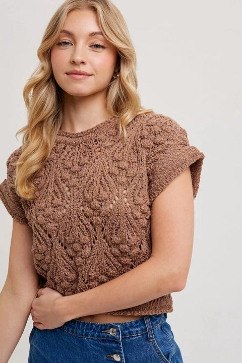 Knit Sweater Short Sleeved Pullover - MOCHA