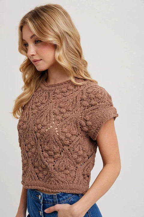Knit Sweater Short Sleeved Pullover - MOCHA