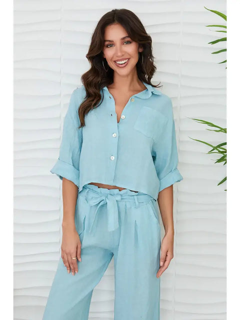 Linen Button Up Top with Front Pocket