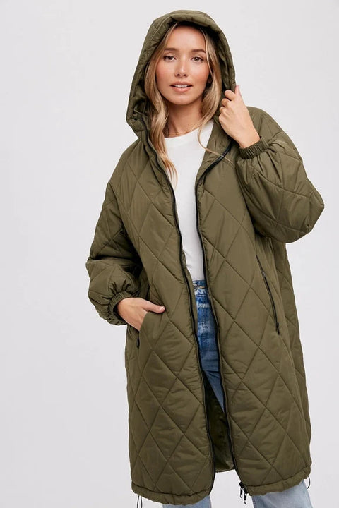 Longline Quilted Puffer Jacket - ARMY GREEN