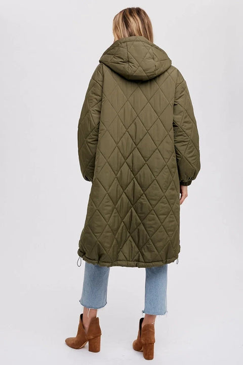 Longline Quilted Puffer Jacket - ARMY GREEN
