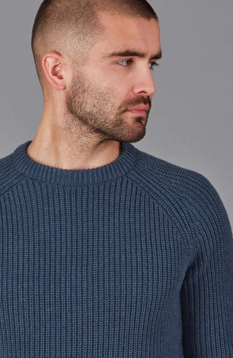 Mens Cotton Fisherman Rib Knit Jumper Blue Melange