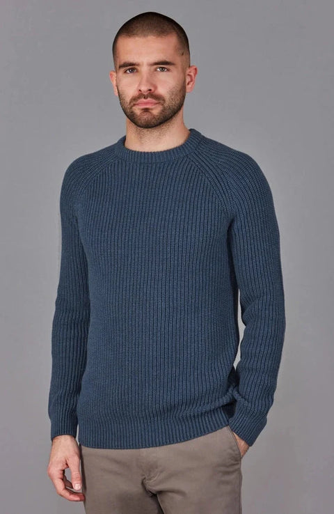 Mens Cotton Fisherman Rib Knit Jumper Blue Melange