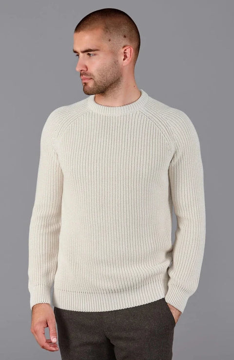 Mens Cotton Fisherman Rib Knit Jumper Ecru