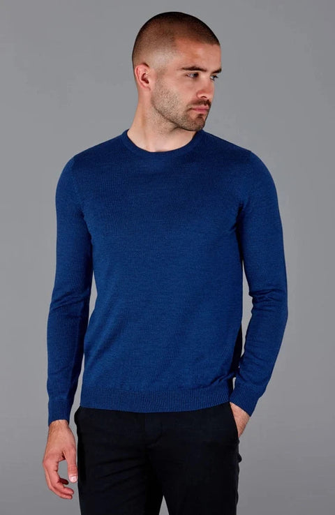Mens Extra Fine Merino Wool Crew Neck Jumper Indigo Blue